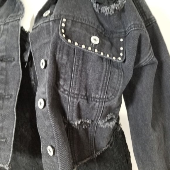 Forever 21 Jean Denim Jacket Coat S Black Distressed Stud Bling Gothic Punk Alt - Picture 5 of 12